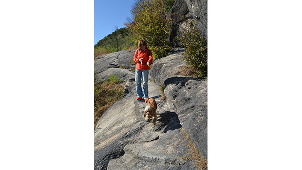 Seorang perempuan mendaki bersama anjingnya